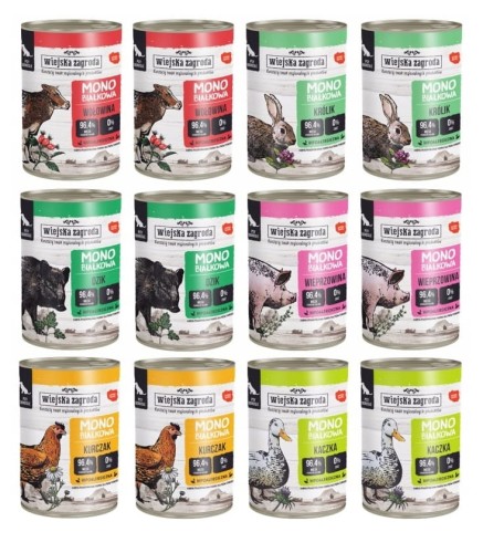 Wiejska Zagroda Karma mokra dla psa Monobiałkowa MIX SMAKÓW 12x 400g